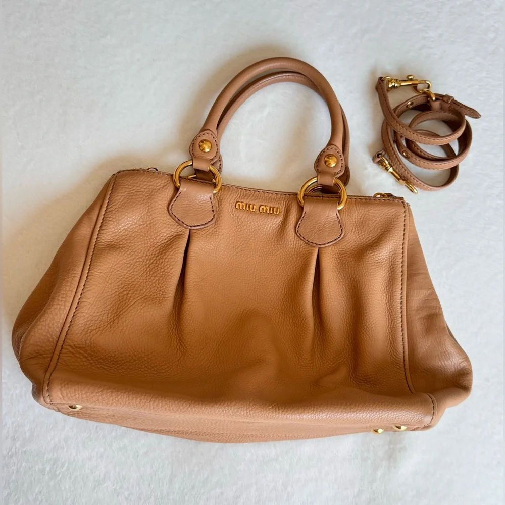 MIU MIU Brown Pebbled Leather Double Zip Tote - Picture 4 of 15